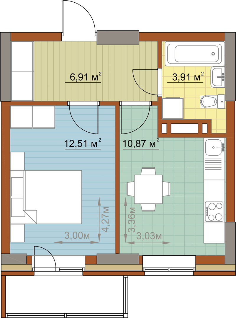 Жилой комплекс «Островский» - Квартира №43, 1-комнатная, 34.2м2