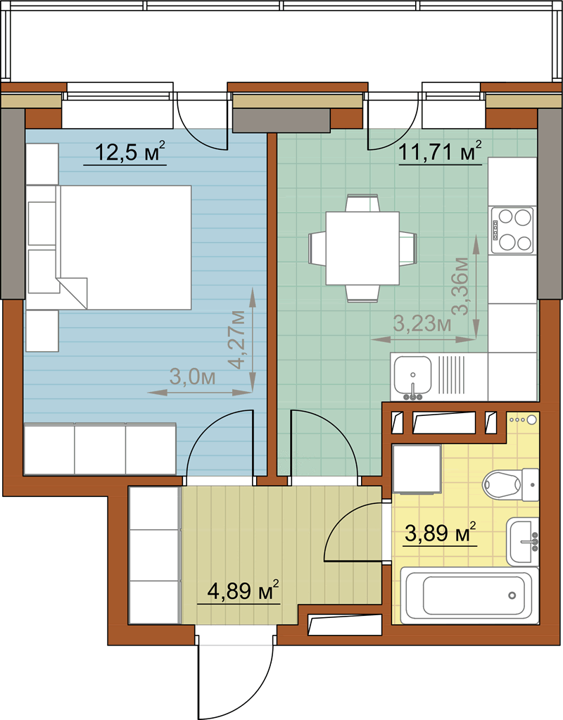 Жилой комплекс «Островский» - Квартира №212, 1-комнатная, 32.99м2