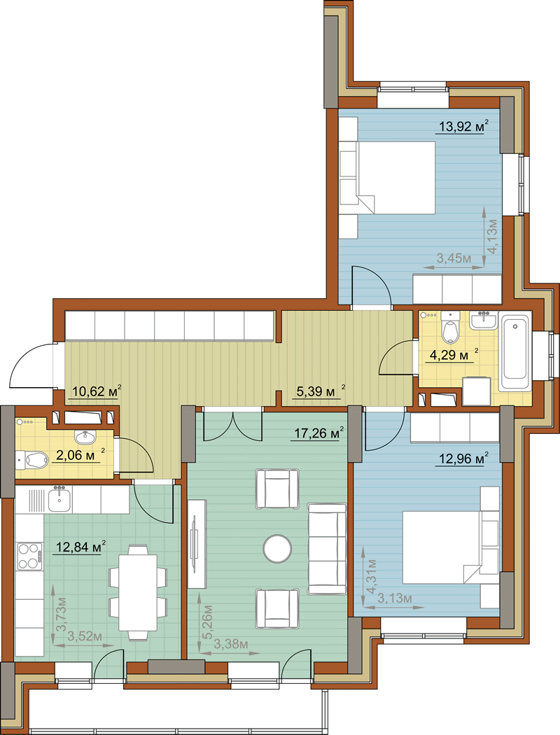 Жилой комплекс «Островский» - Квартира №215, 3-комнатная, 79.34м2