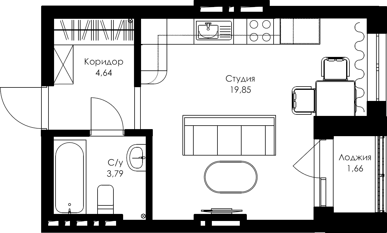 Жилой комплекс «Гранит» - Квартира №154, Студия, 28.28м2