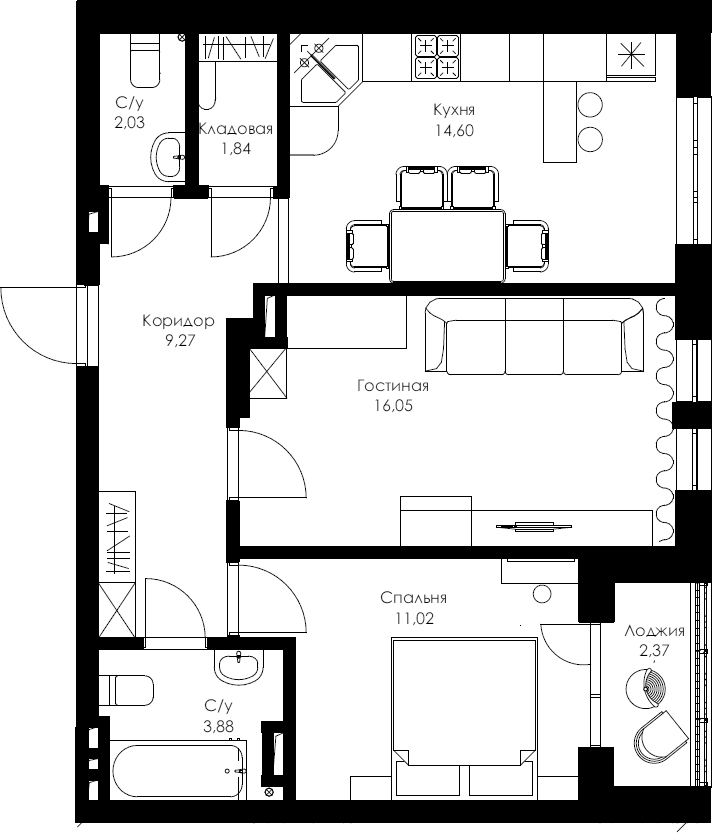 Жилой комплекс «Гранит» - Квартира №235, 2-комнатная, 58.69м2