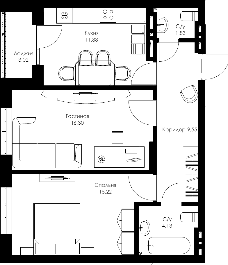 Жилой комплекс «Гранит» - Квартира №101, 2-комнатная, 58.91м2