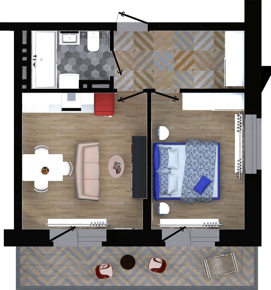 Жилой комплекс «ApartRiver» - Апартаменты №88, 2-комнатная студия, 36.76м2