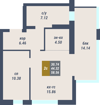 Жилой комплекс «Михайловский» - Квартира №165/1, 2-комнатная студия, 43.6м2