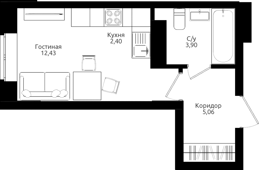 Жилой комплекс «Ломоносов» - Квартира №1, Студия, 23.6м2