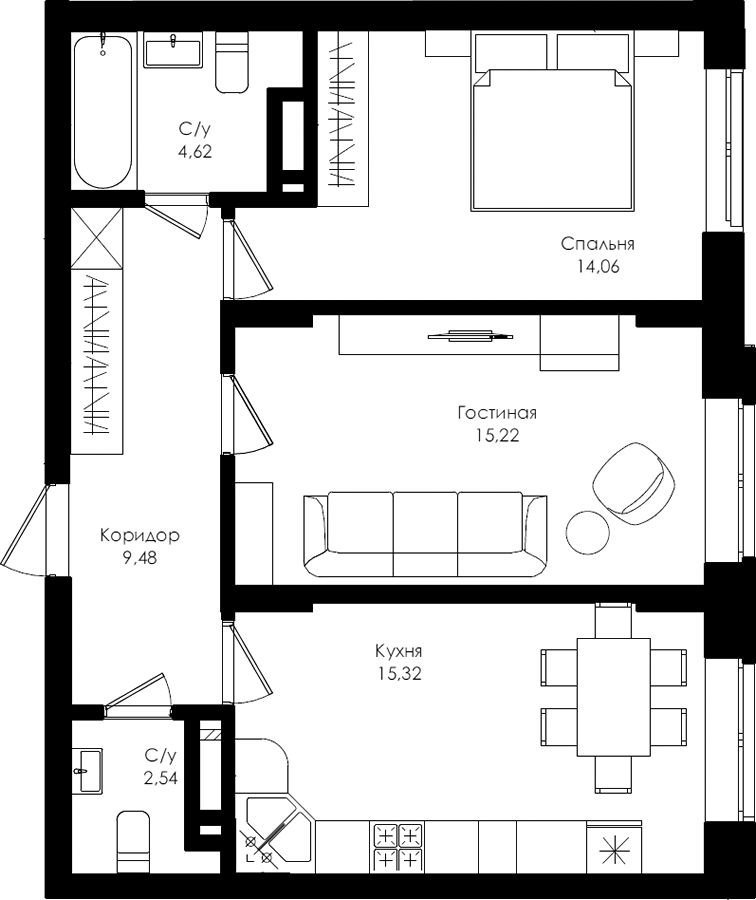 Жилой комплекс «Ломоносов» - Квартира №4, 2-комнатная, 61.24м2