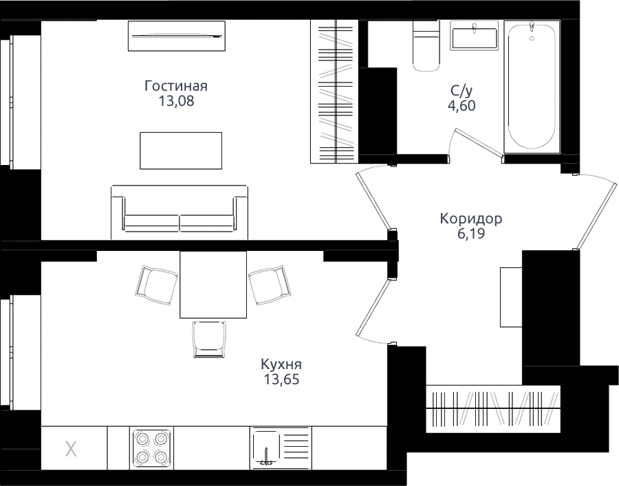 Жилой комплекс «Ломоносов» - Квартира №9, 1-комнатная, 37.52м2