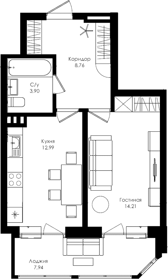Жилой комплекс «Ломоносов» - Квартира №212, 1-комнатная, 39.4м2