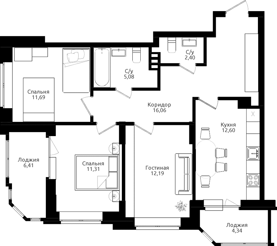 Жилой комплекс «Ломоносов» - Квартира №222, 3-комнатная, 70.79м2
