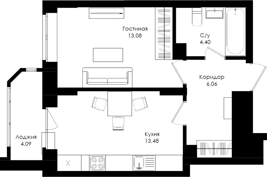 Жилой комплекс «Ломоносов» - Квартира №205, 1-комнатная, 37.13м2