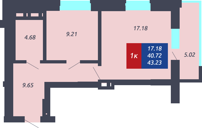 ЖК «Чкалов» - Квартира №7, 1-комнатная, 40.72м2