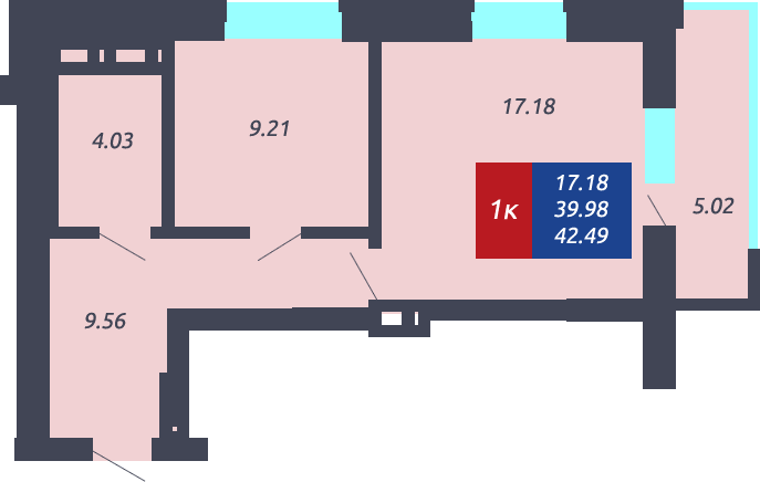 ЖК «Чкалов» - Квартира №85, 1-комнатная, 39.98м2