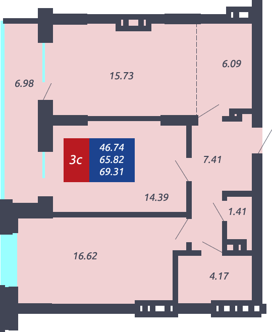 ЖК «Чкалов» - Квартира №55, 3-комнатная студия, 65.82м2