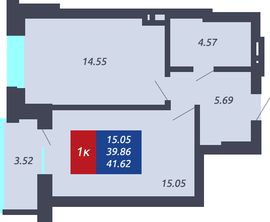 ЖК «Чкалов» - Квартира №135, 1-комнатная, 39.86м2