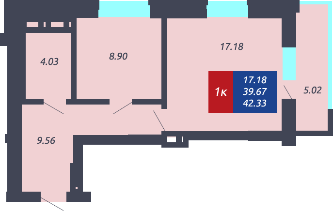 ЖК «Чкалов» - Квартира №228, 1-комнатная, 39.67м2