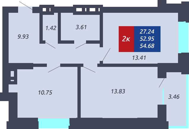 ЖК «Чкалов» - Квартира №233, 2-комнатная, 52.95м2
