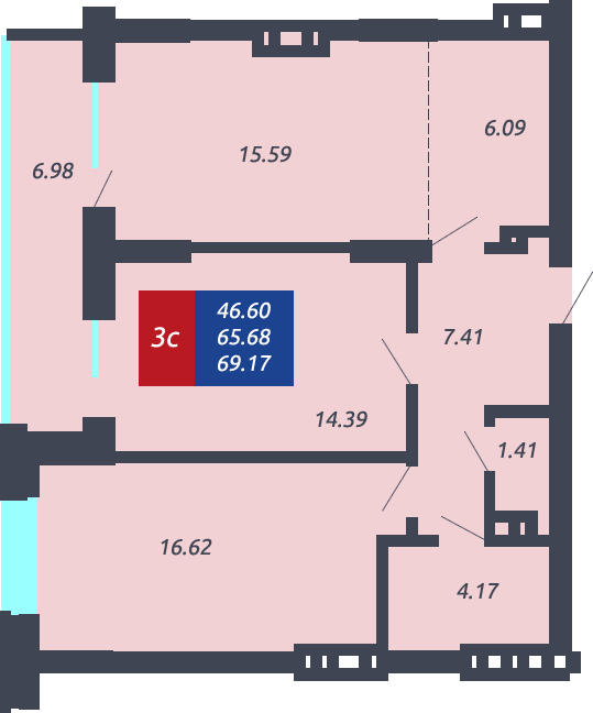 ЖК «Чкалов» - Квартира №237, 3-комнатная студия, 65.68м2