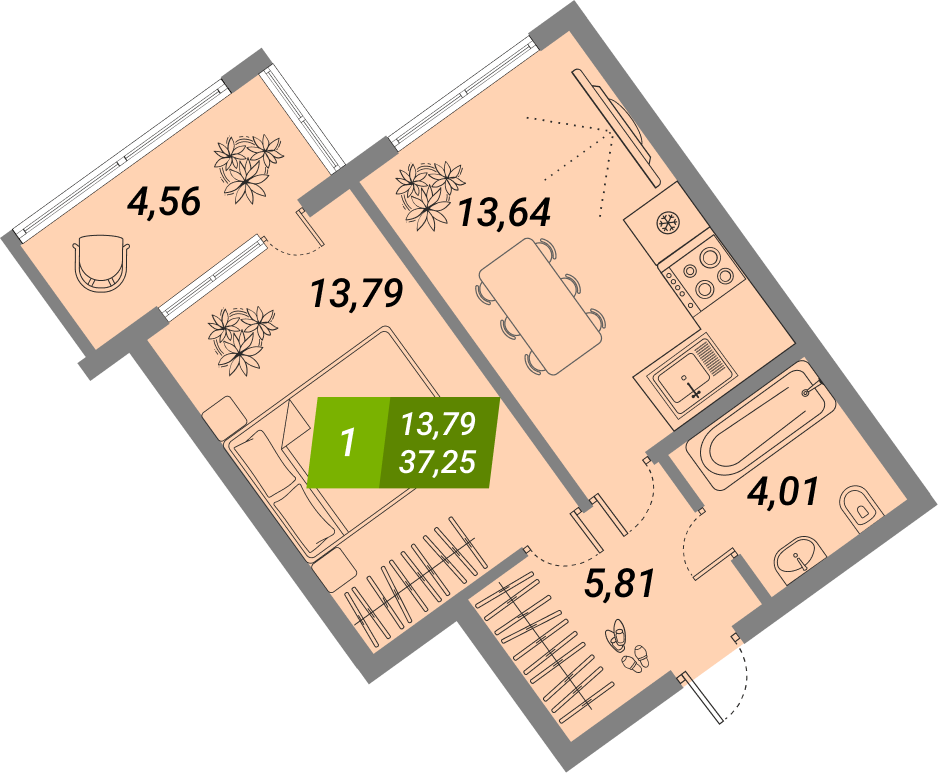ЖК «Бирюзовая жемчужина-2» - Квартира №9, 1-комнатная, 37.25м2