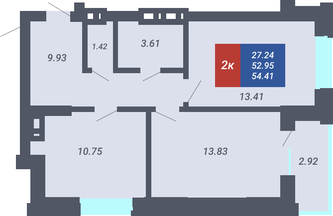 ЖК «Чкалов-2» - Квартира №285, 2-комнатная, 52.95м2