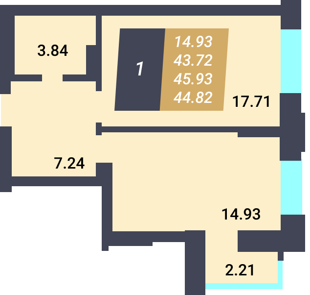 ЖК «Калининский-3» - Квартира №34, 1-комнатная, 43.72м2