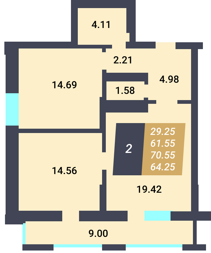 ЖК «Калининский-3» - Квартира №62, 2-комнатная, 61.55м2