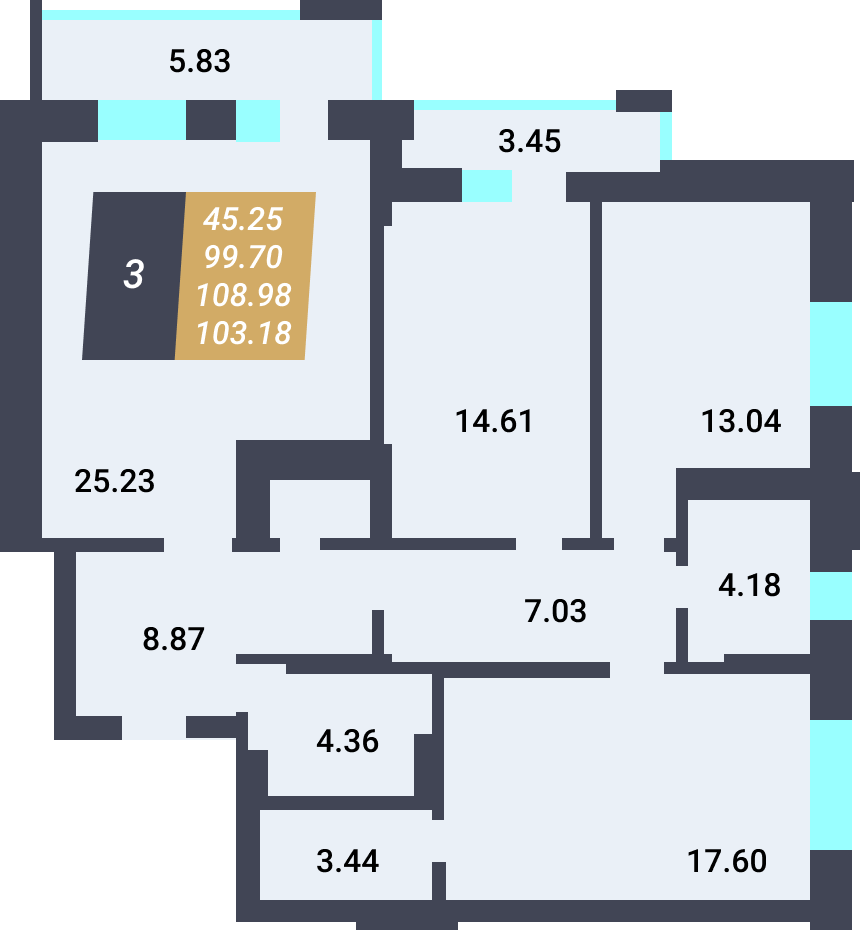 ЖК «Калининский-3» - Квартира №122, 3-комнатная, 99.7м2