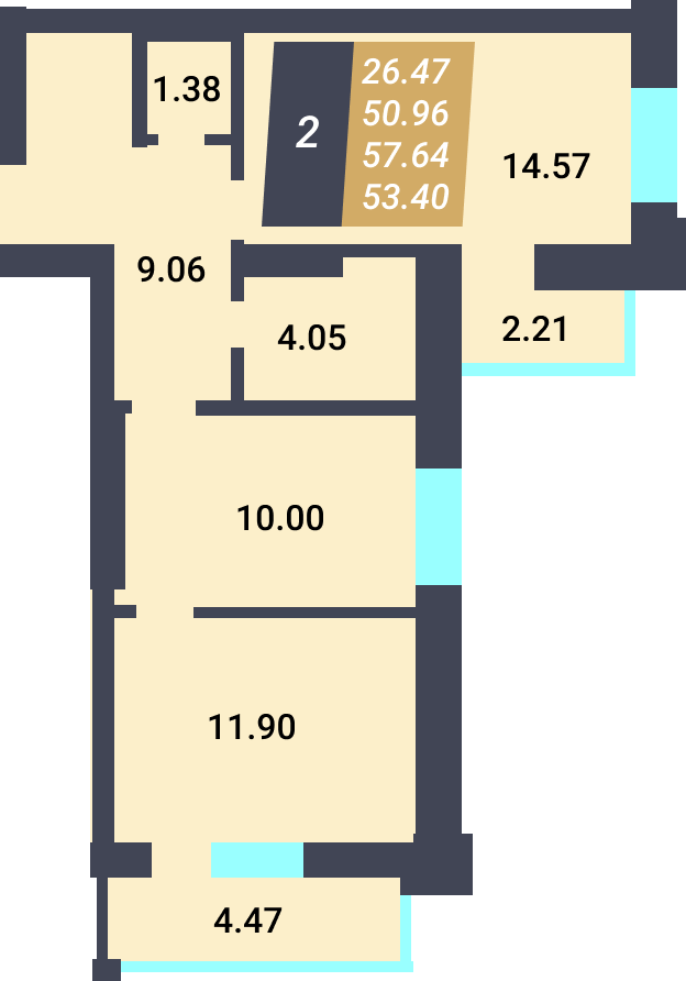 ЖК «Калининский-3» - Квартира №88, 2-комнатная, 50.96м2