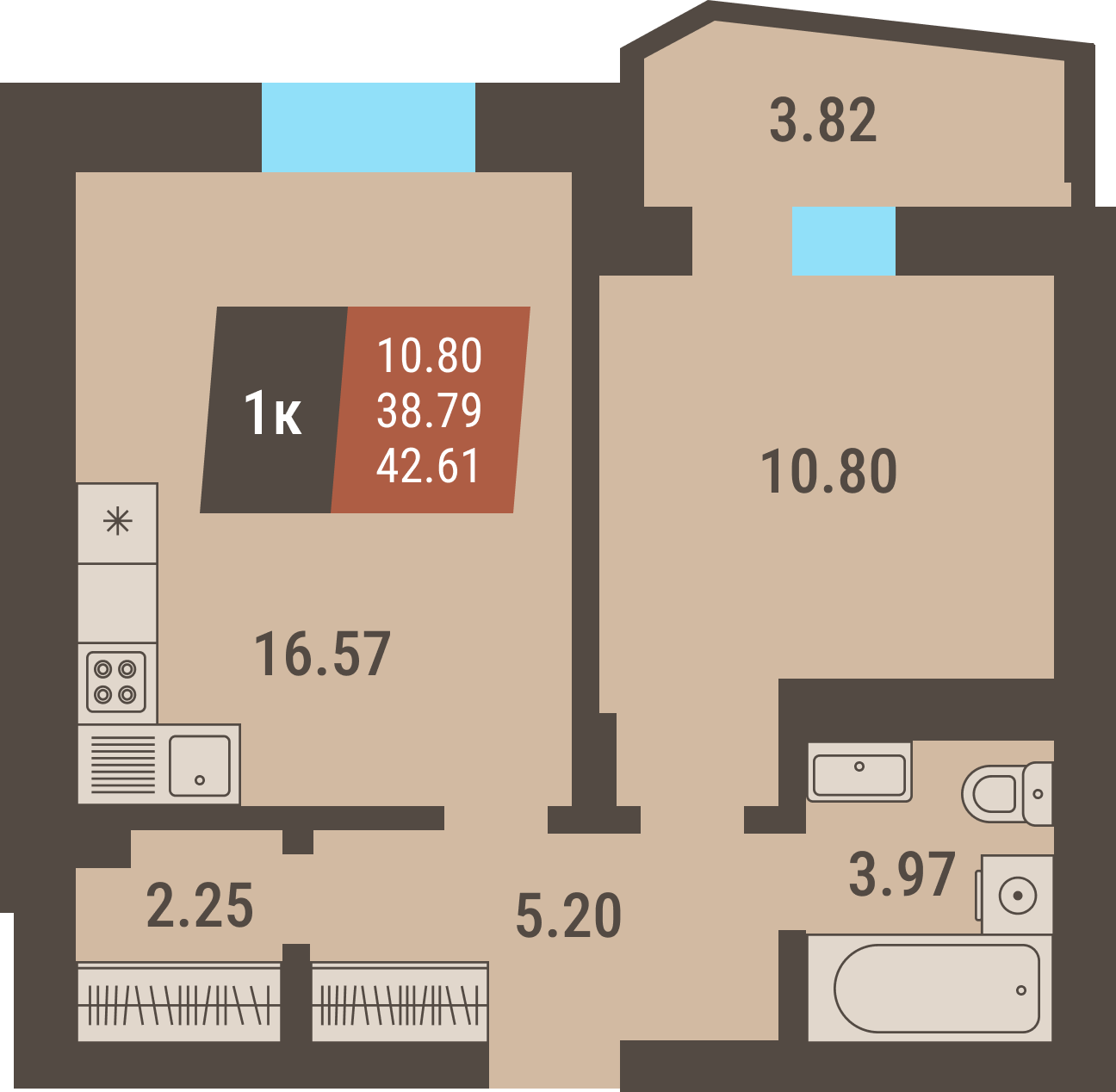 ЖК «Коперник» - Квартира №1, 1-комнатная, 38.79м2