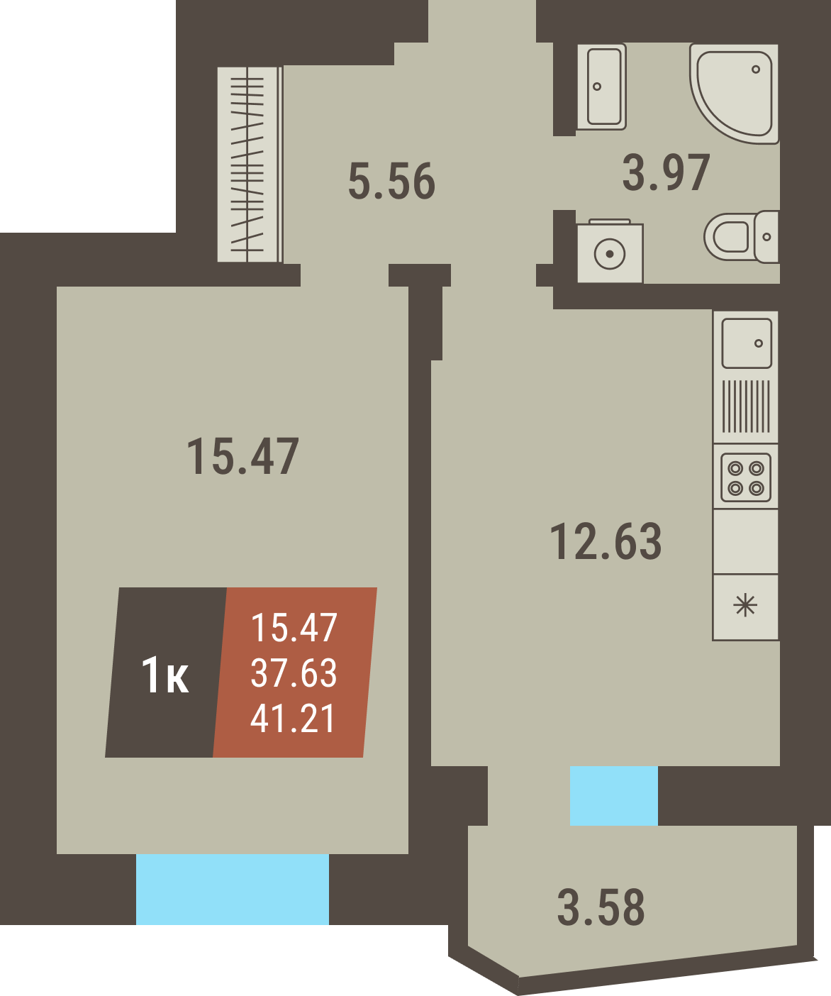 ЖК «Коперник» - Квартира №6, 1-комнатная, 37.63м2