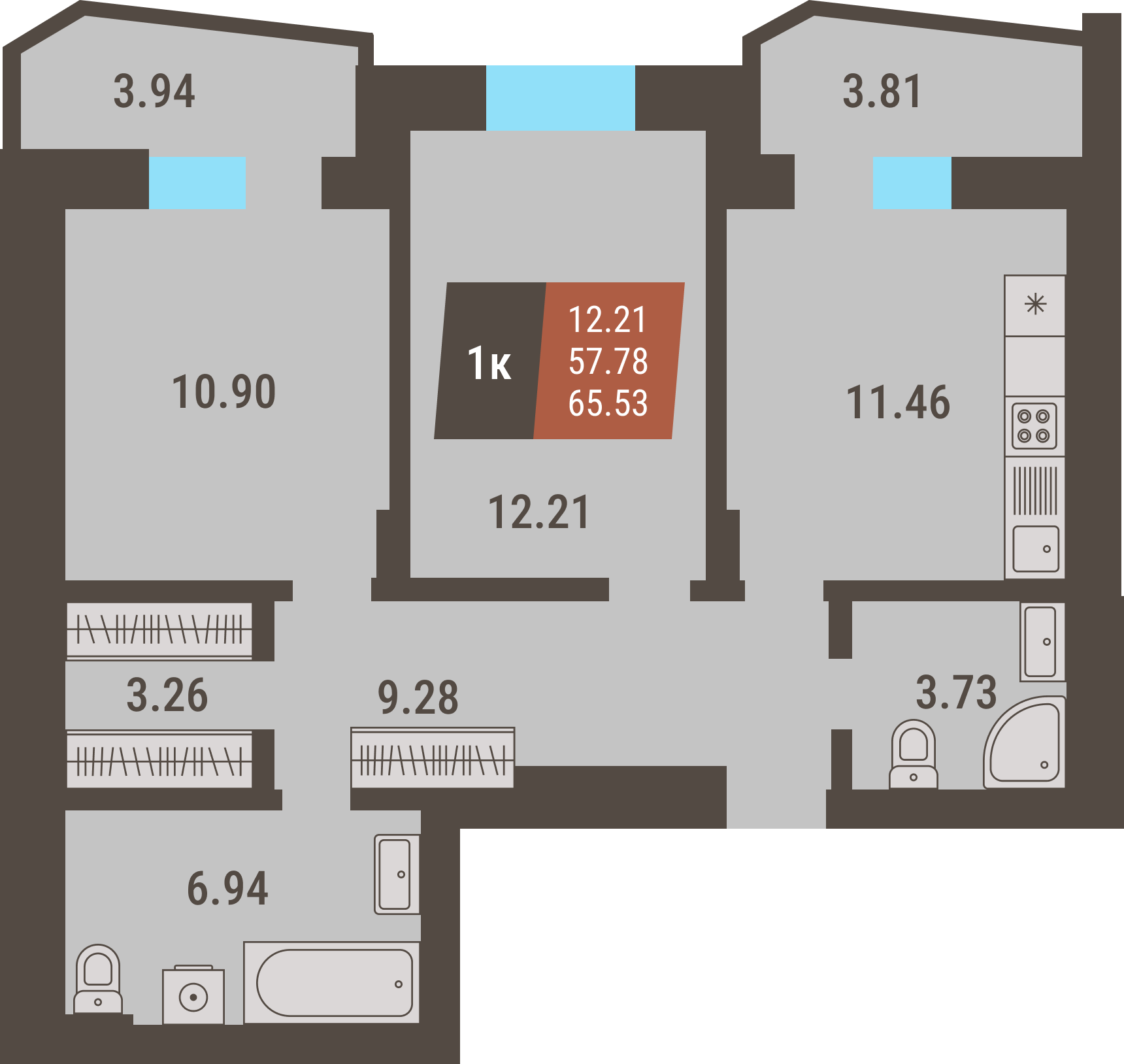 ЖК «Коперник» - Квартира №8, 1-комнатная, 57.78м2
