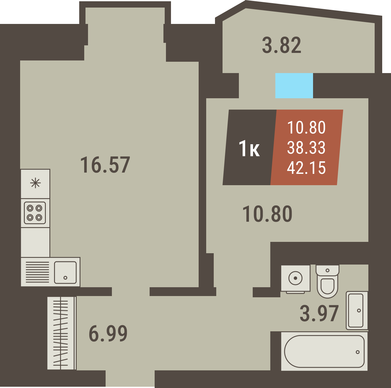 ЖК «Коперник» - Квартира №100, 1-комнатная, 38.33м2