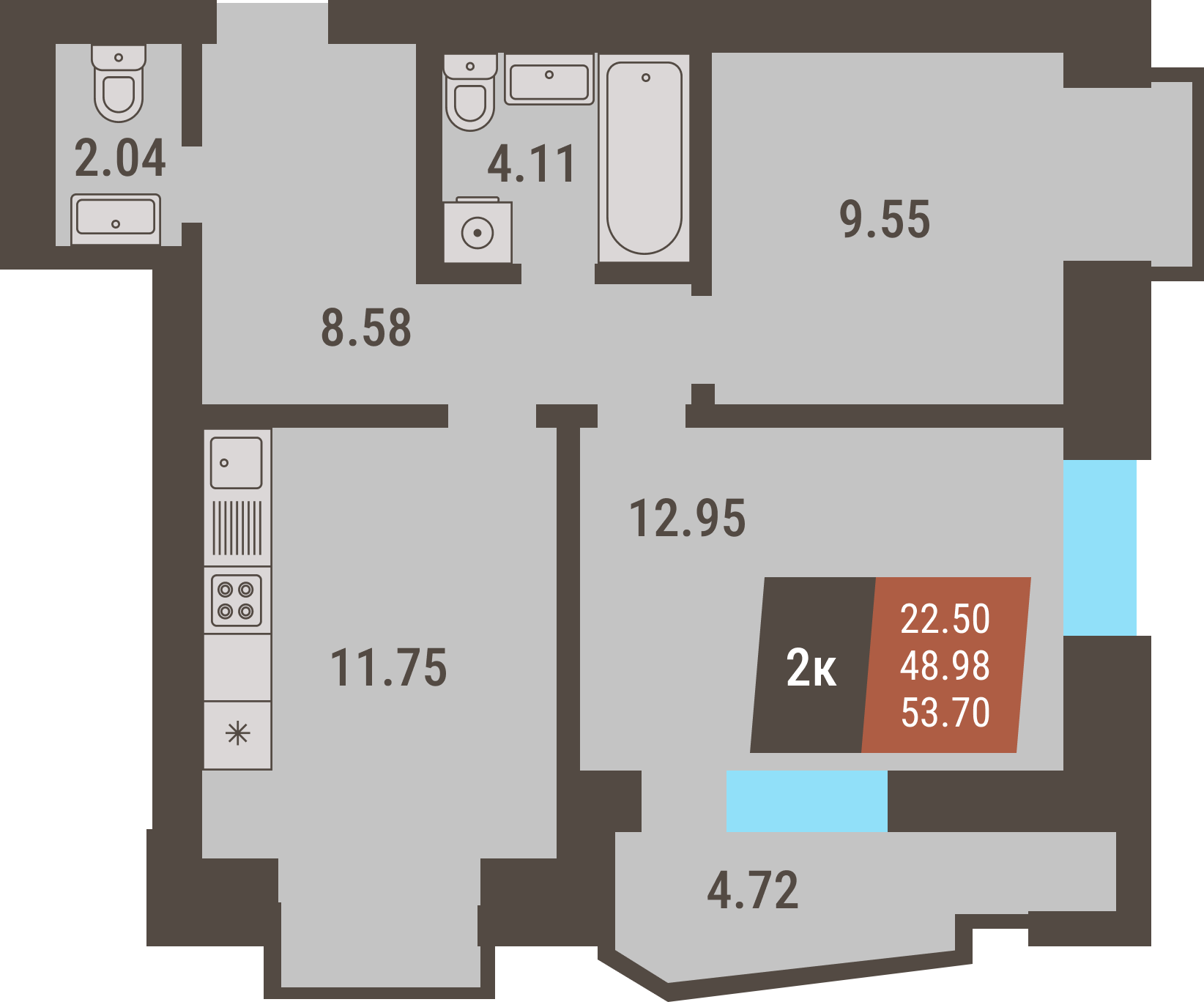 ЖК «Коперник» - Квартира №104, 2-комнатная, 48.98м2