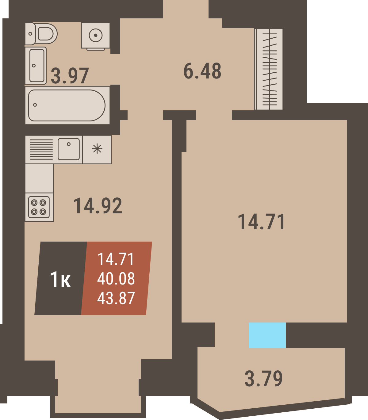 ЖК «Коперник» - Квартира №53, 1-комнатная, 40.08м2