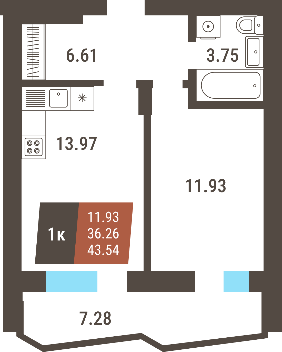 ЖК «Коперник» - Квартира №93, 1-комнатная, 36.26м2