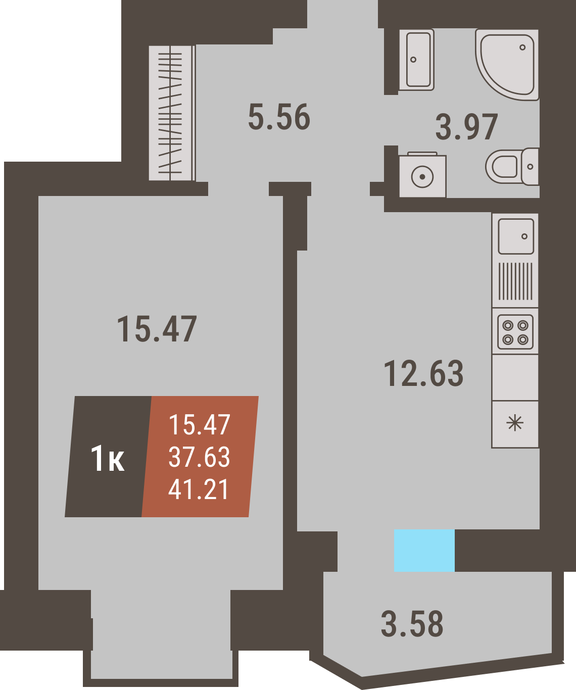 ЖК «Коперник» - Квартира №95, 1-комнатная, 37.63м2