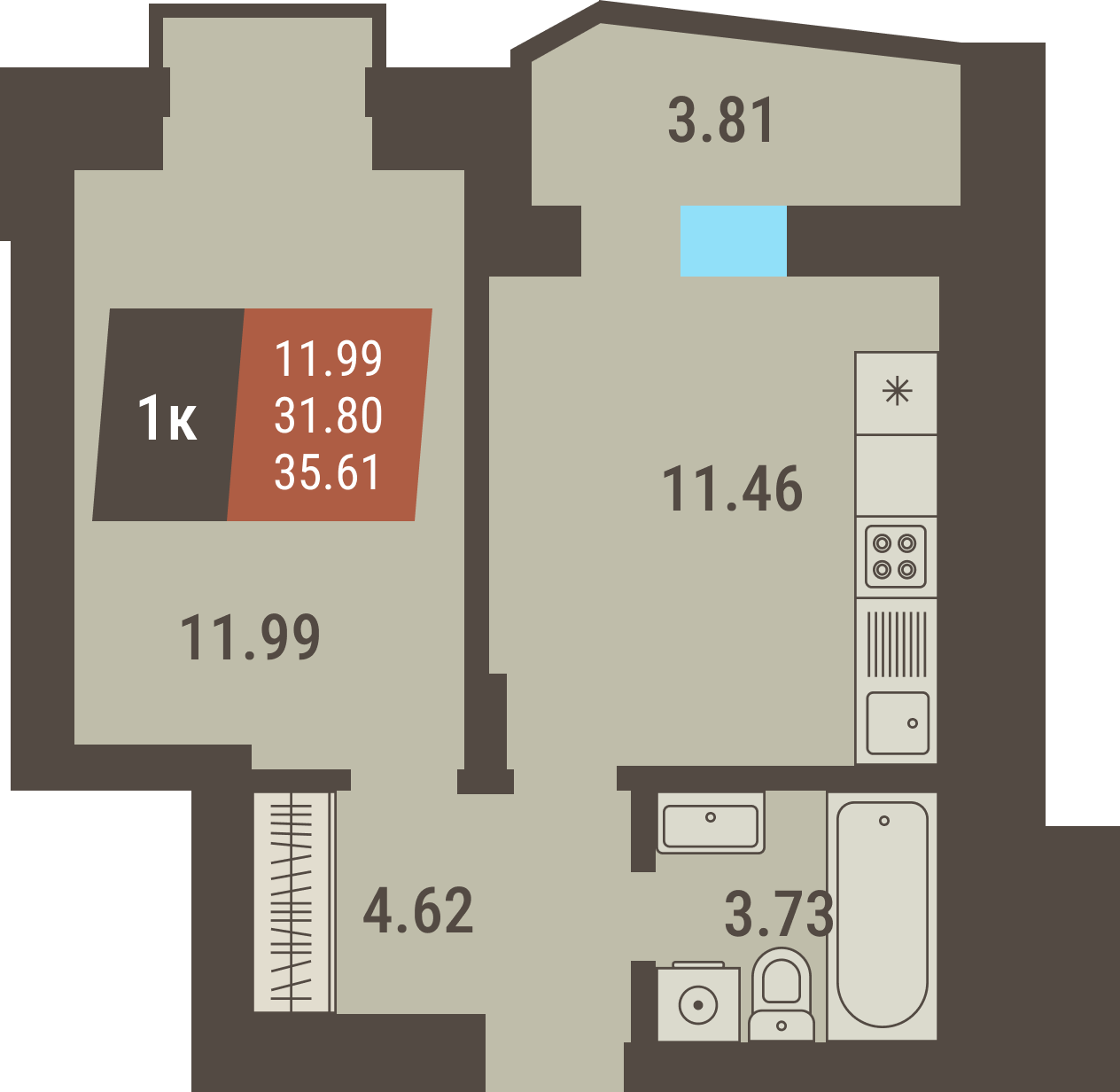 ЖК «Коперник» - Квартира №164, 1-комнатная, 31.8м2