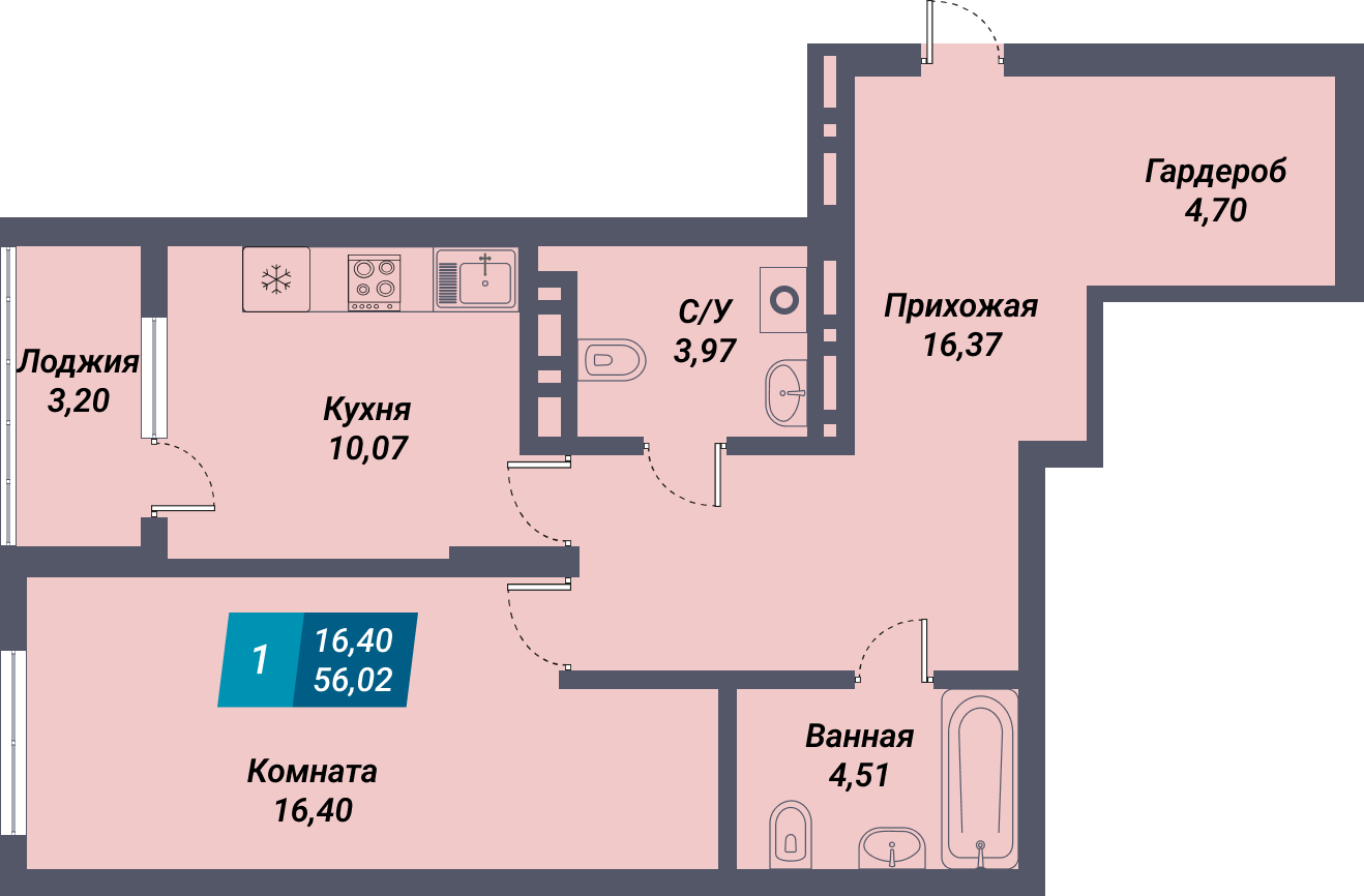ЖК «Менделеев» - Квартира №1, 1-комнатная, 56.02м2