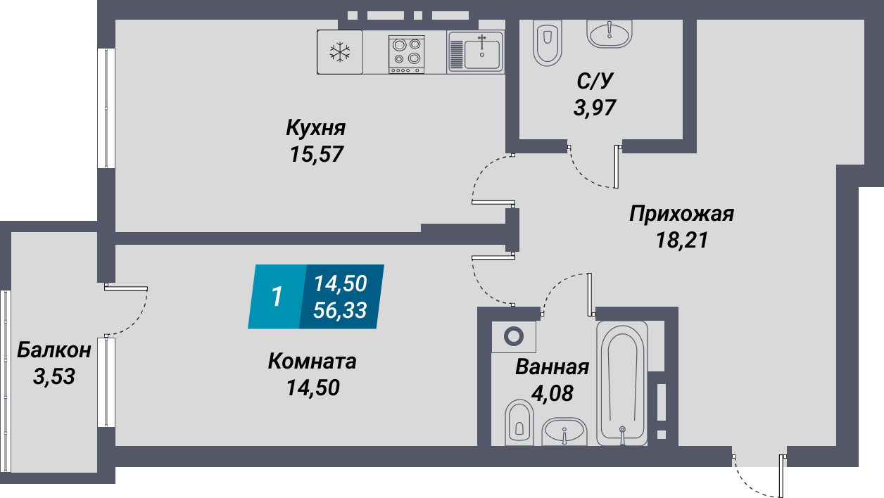 ЖК «Менделеев» - Квартира №6, 1-комнатная, 56.33м2