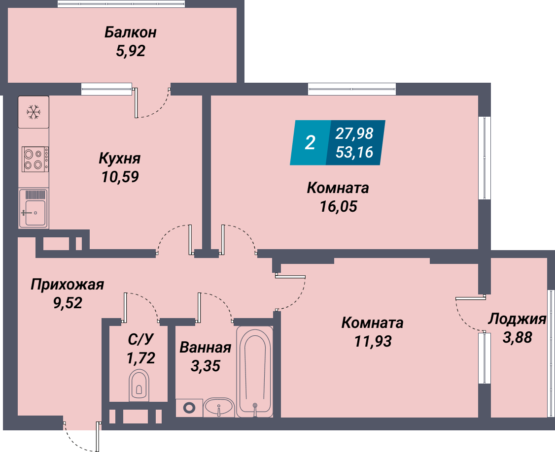 ЖК «Менделеев» - Квартира №288, 2-комнатная, 53.16м2