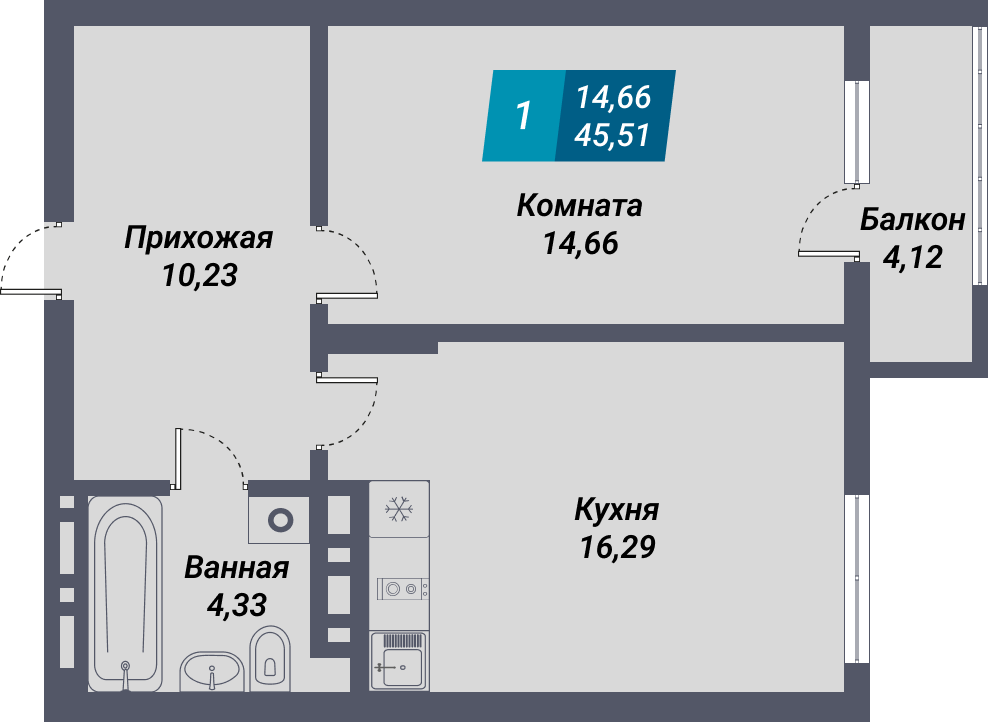 ЖК «Менделеев» - Квартира №295, 1-комнатная, 45.51м2
