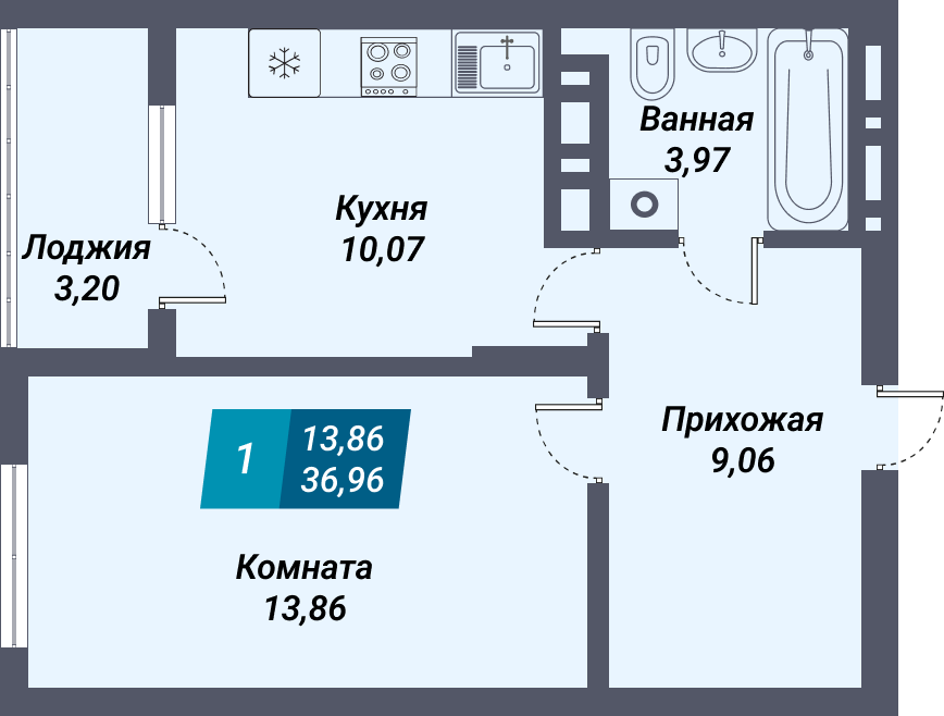 ЖК «Менделеев» - Квартира №300, 1-комнатная, 36.96м2