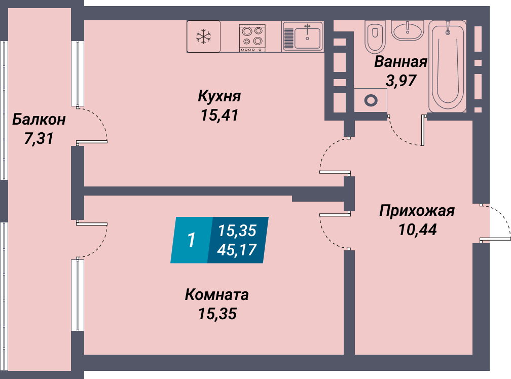 ЖК «Менделеев» - Квартира №302, 1-комнатная, 45.17м2