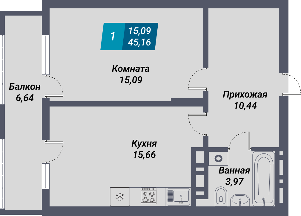ЖК «Менделеев» - Квартира №304, 1-комнатная, 45.16м2