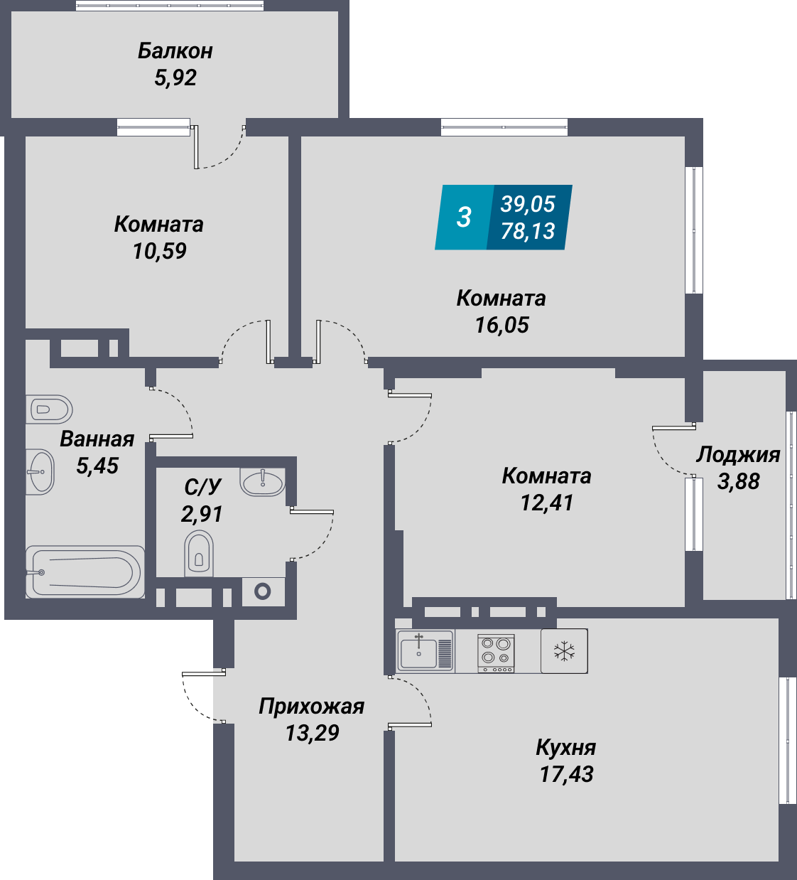 ЖК «Менделеев» - Квартира №377, 3-комнатная, 78.13м2