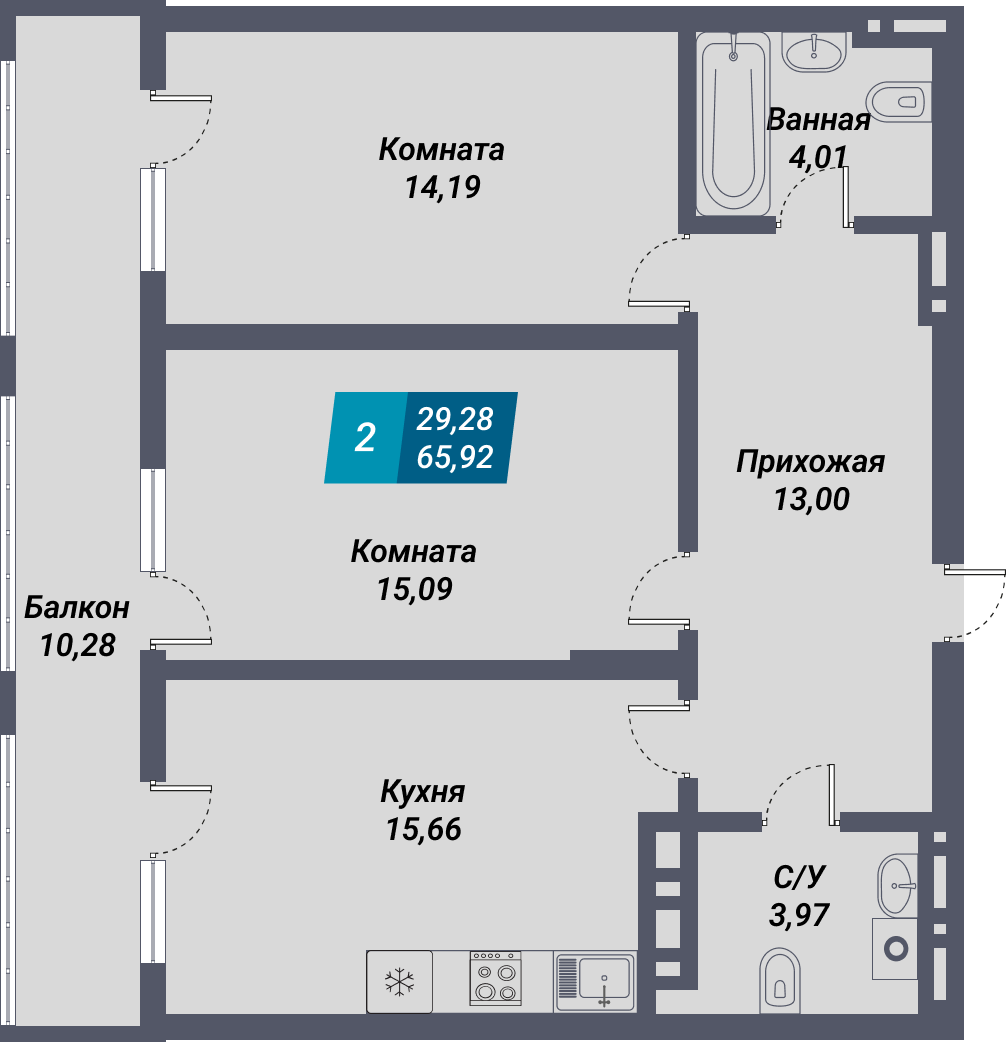 ЖК «Менделеев» - Квартира №319, 2-комнатная, 65.92м2