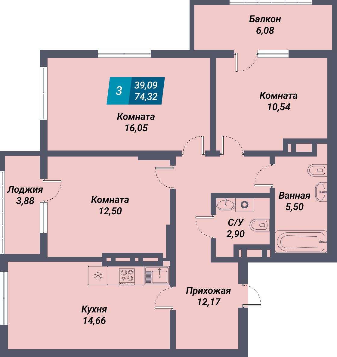 ЖК «Менделеев» - Квартира №320, 3-комнатная, 74.32м2