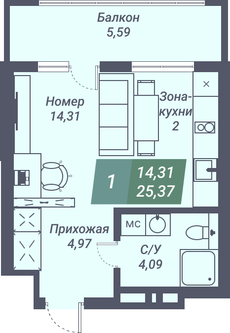Апартаменты «VOROSHILOV» - Апартамент №12, Студия, 25.37м2