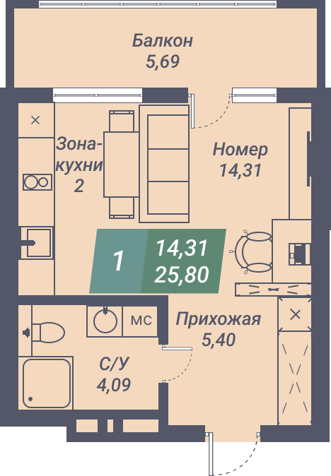 Апартаменты «VOROSHILOV» - Апартамент №38, Студия, 25.8м2