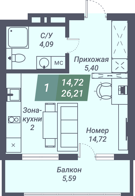 Апартаменты «VOROSHILOV» - Апартамент №29, Студия, 26.21м2