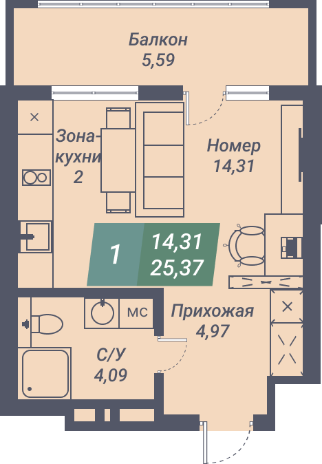 Апартаменты «VOROSHILOV» - Апартамент №34, Студия, 25.37м2